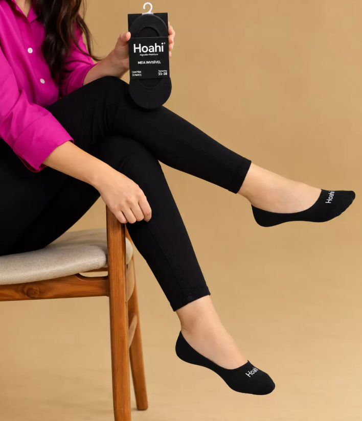 Kit 3 Pares Meia Invisível Hoahi Feminina 33 a 38 Preto